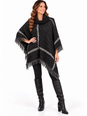 SHANA K Cozy Black & Gray Turtleneck Fringe Poncho Sweater Size OS